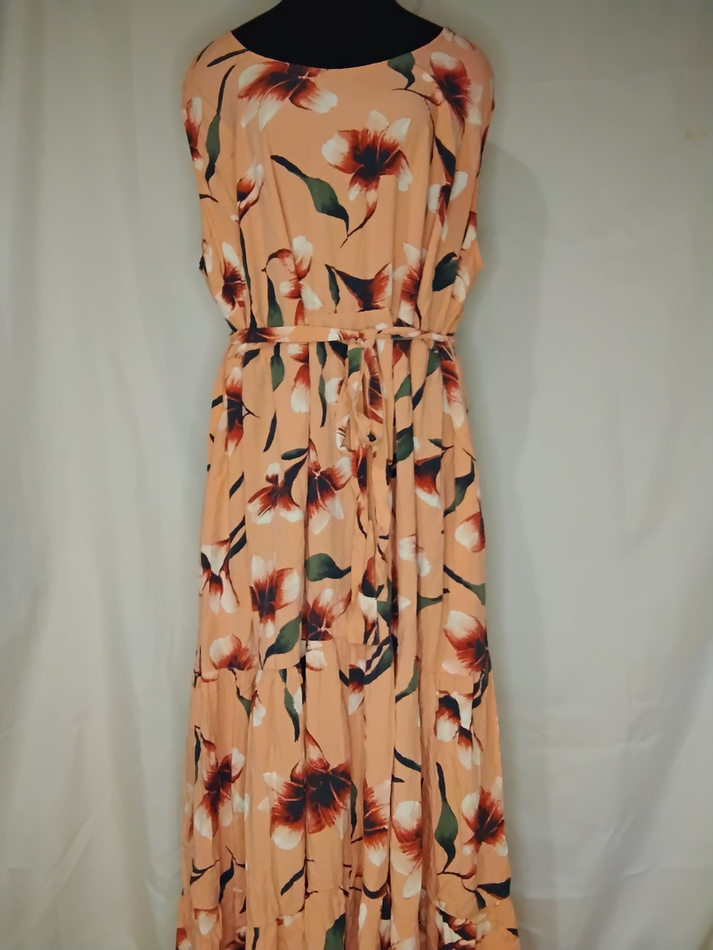 Ava & Viv Peach Floral Maxi Dress with Belted Waist